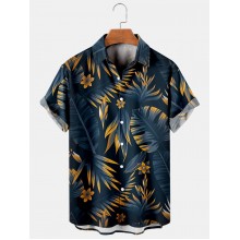 Men's Hawaiian Leaf Print Lapel Short Sleeve Shirt